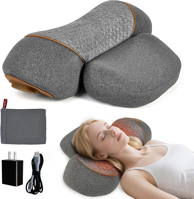 3-in-1 Heated Neck Massager Pillow with Vibration & Air Compression, Plug-in Model for Home & Office Use, Light Grey