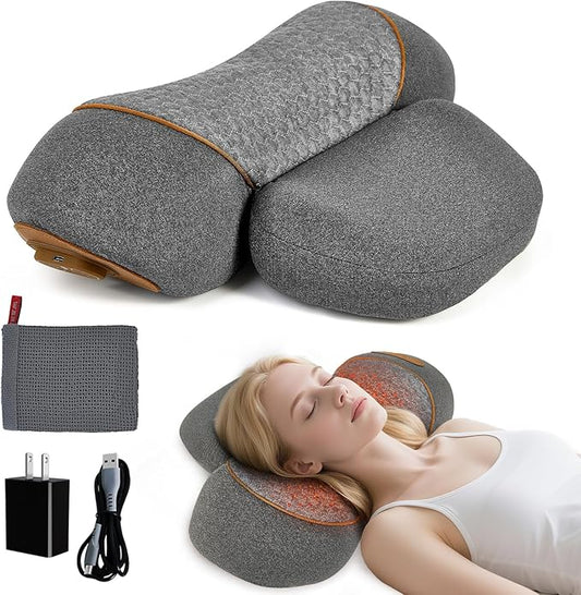 3-in-1 Heated Neck Massager Pillow with Vibration & Air Compression, Plug-in Model for Home & Office Use, Light Grey